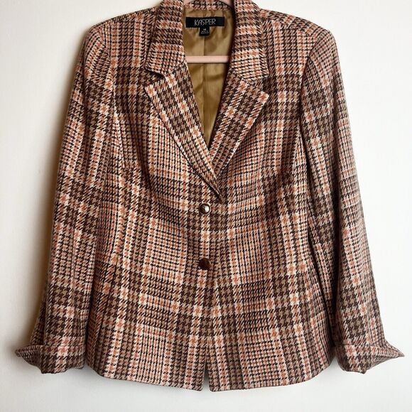 Kasper Plaid Blazer in Brown and Cream - Picture 1 of 10